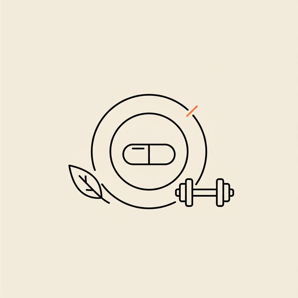 Minimalist Tonum-style vector illustration of an outlined capsule on a plate with a small dumbbell and leaf on beige background, representing weight regain after Ozempic.