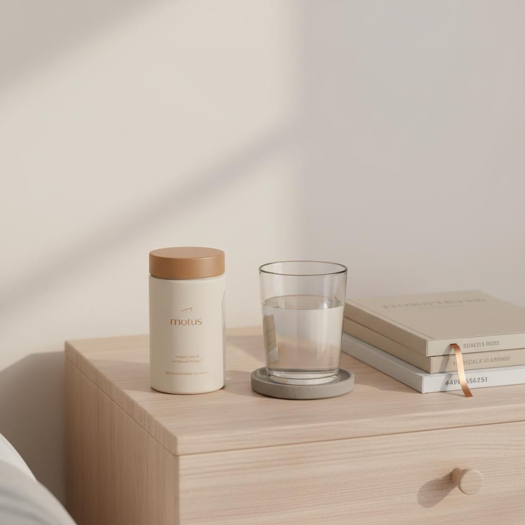 Motus supplement jar on wooden bedside table beside glass of water and health journals on soft #F2E5D5 background, illustrating price of diet pills in Mexico