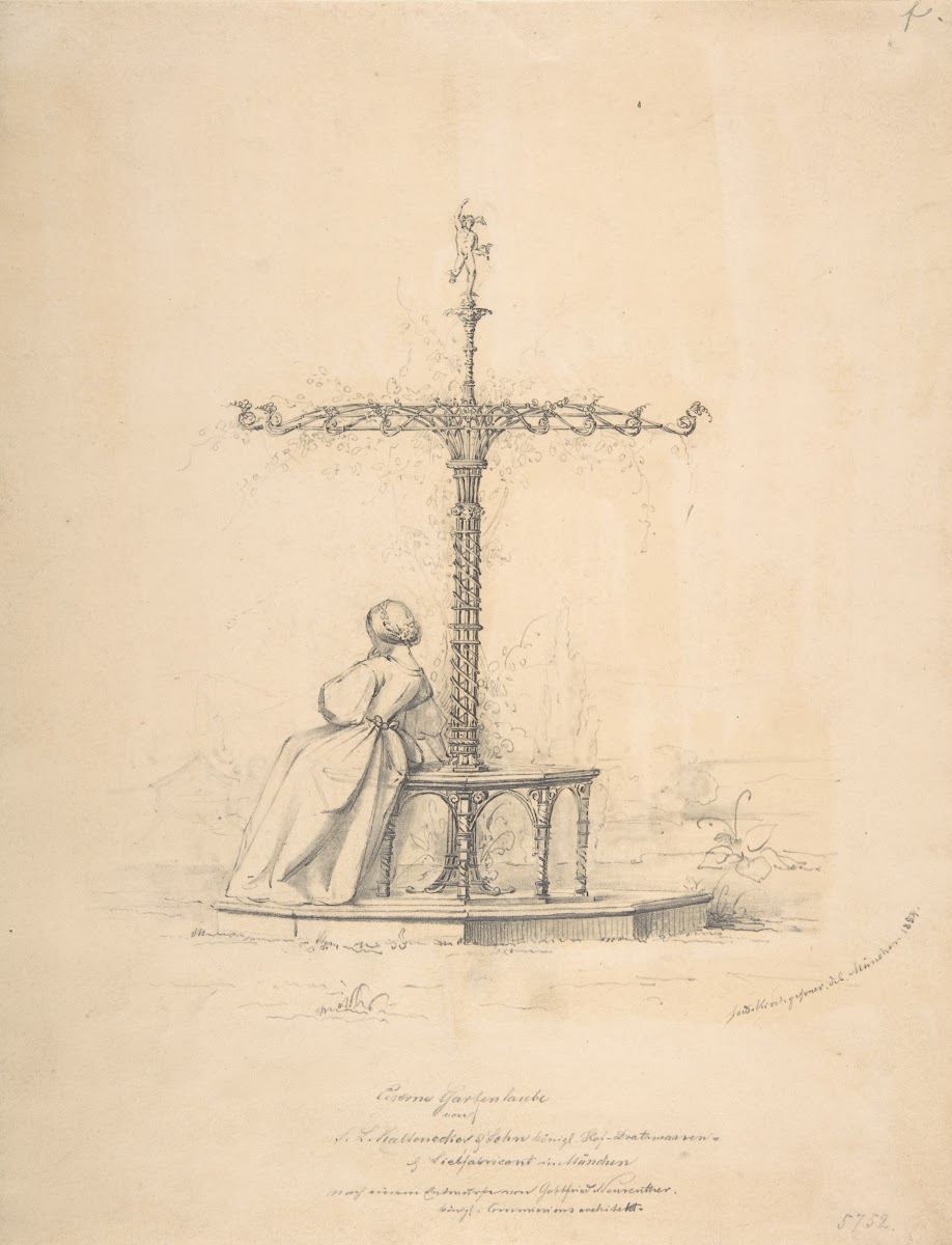 Woman seated on iron garden seat with canopy 1854