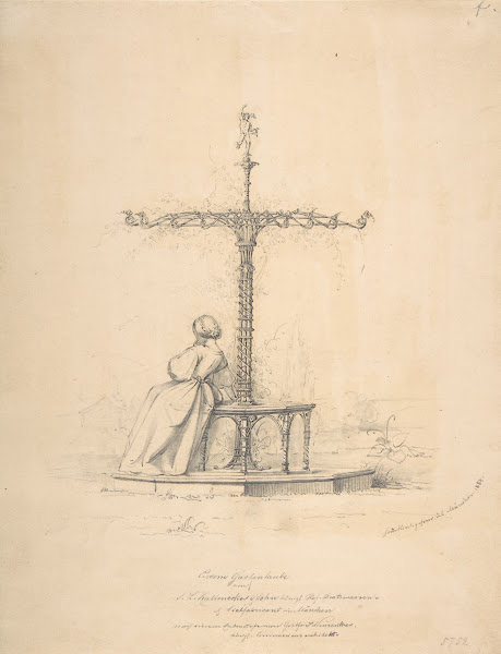 Woman seated on iron garden seat with canopy 1854
