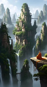 Ancient Monastery City Amidst Misty Mountain Waterfalls