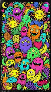 Dense Colorful Doodle Art Pattern with Monsters and Fruit Characters