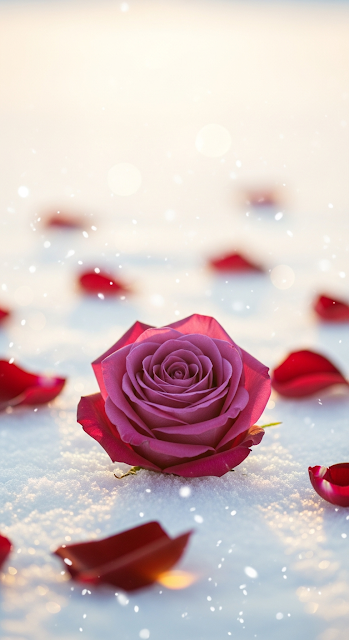 Dramatic Macro Shot of a Velvety Burgundy Rose Resting on White Snow - Free mobile Wallpaper