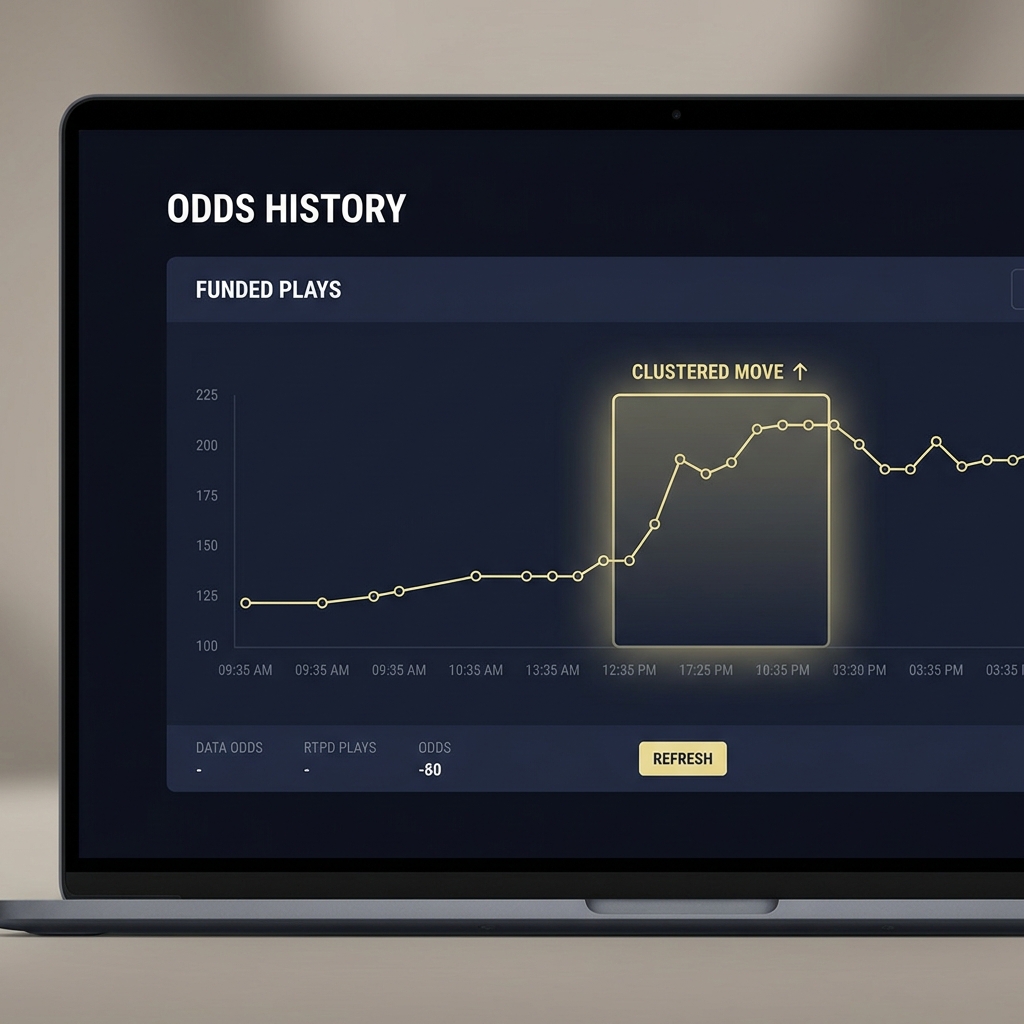 Close up laptop screen showing timestamped odds history with a highlighted clustered betting line movement point in Funded Plays minimalist dark navy interface with pale gold accent