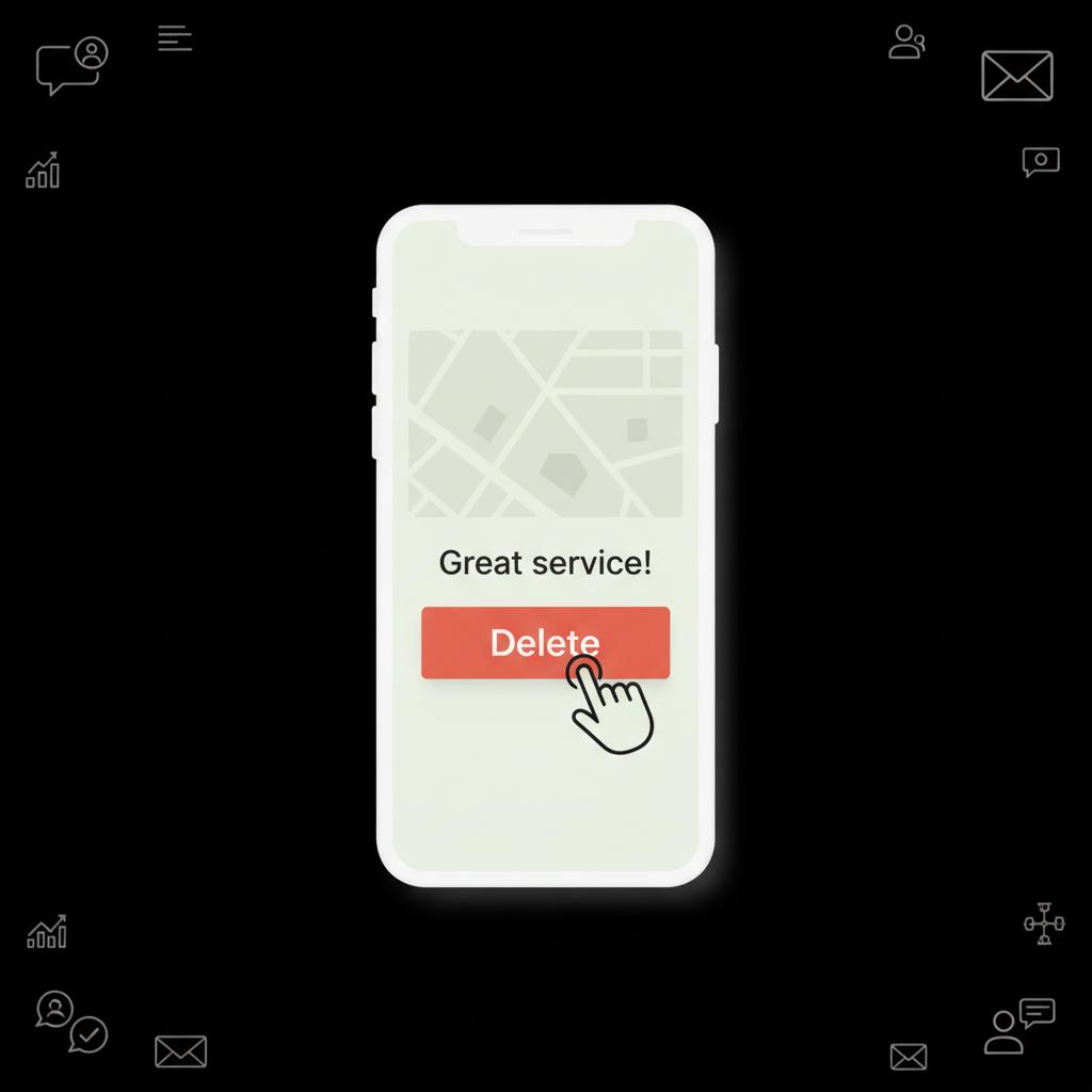 Minimal vector infographic on black background showing a smartphone with a generic map review panel and a finger tapping 'Delete' to remove Google review, using brand colors.