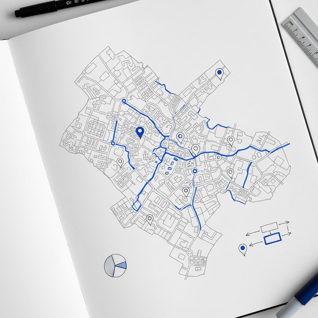 Close-up drawn local map with pins, connecting arrows and blue accent highlights, drafting tools at the edges, illustrating local SEO planning &mdash; how much does Google My Business optimization cost