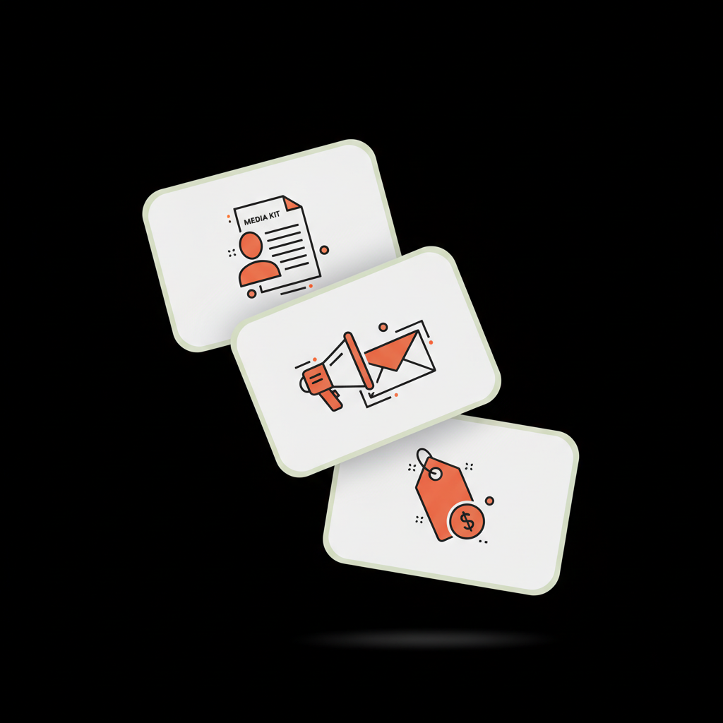 Minimal 2D vector flat-lay of three stacked cards with media kit, outreach, pricing icons on a black background using Social Success Hub palette — Can Instagram pay me for 1k followers?