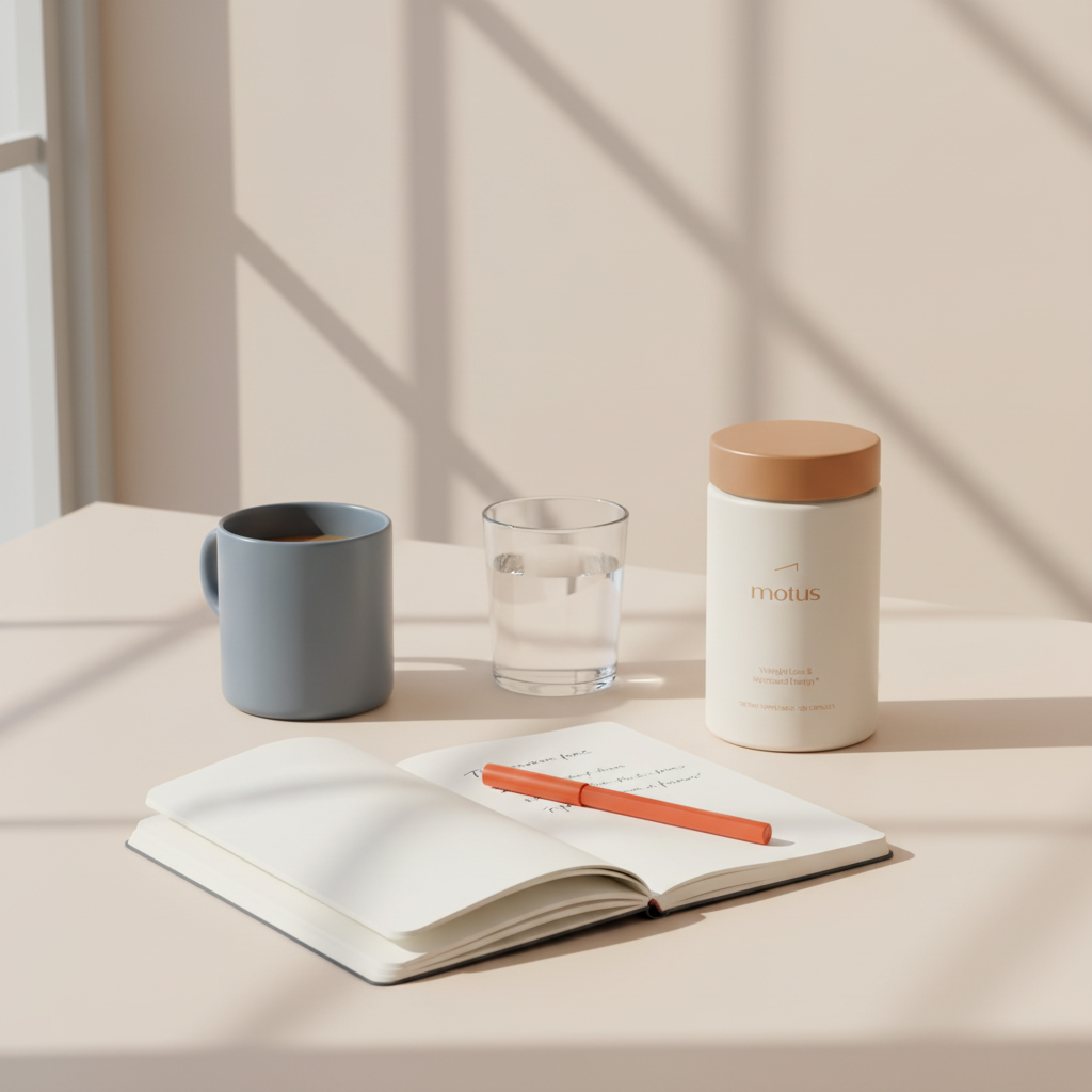 Morning table with Tonum Motus supplement jar next to a glass of water, notebook and mug illustrating benefits of taking water pills for weight loss and hydration.