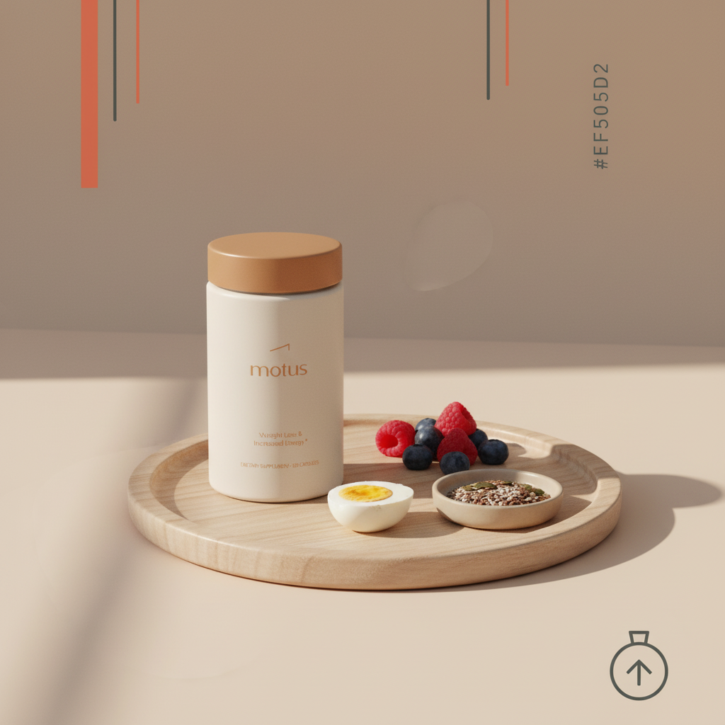 Minimalist still-life of the Tonum Motus supplement on a wooden tray with berries, a boiled egg, and seeds, evoking evidence-backed weight loss pills that work and a calm wellness routine.