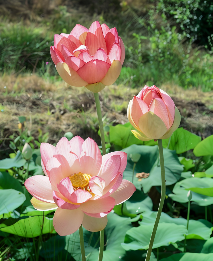 Nelumbo nucifera, fior di loto con grandi foglie e fiori rosa che galleggiano su uno specchio d'acqua, simbolo di purezza