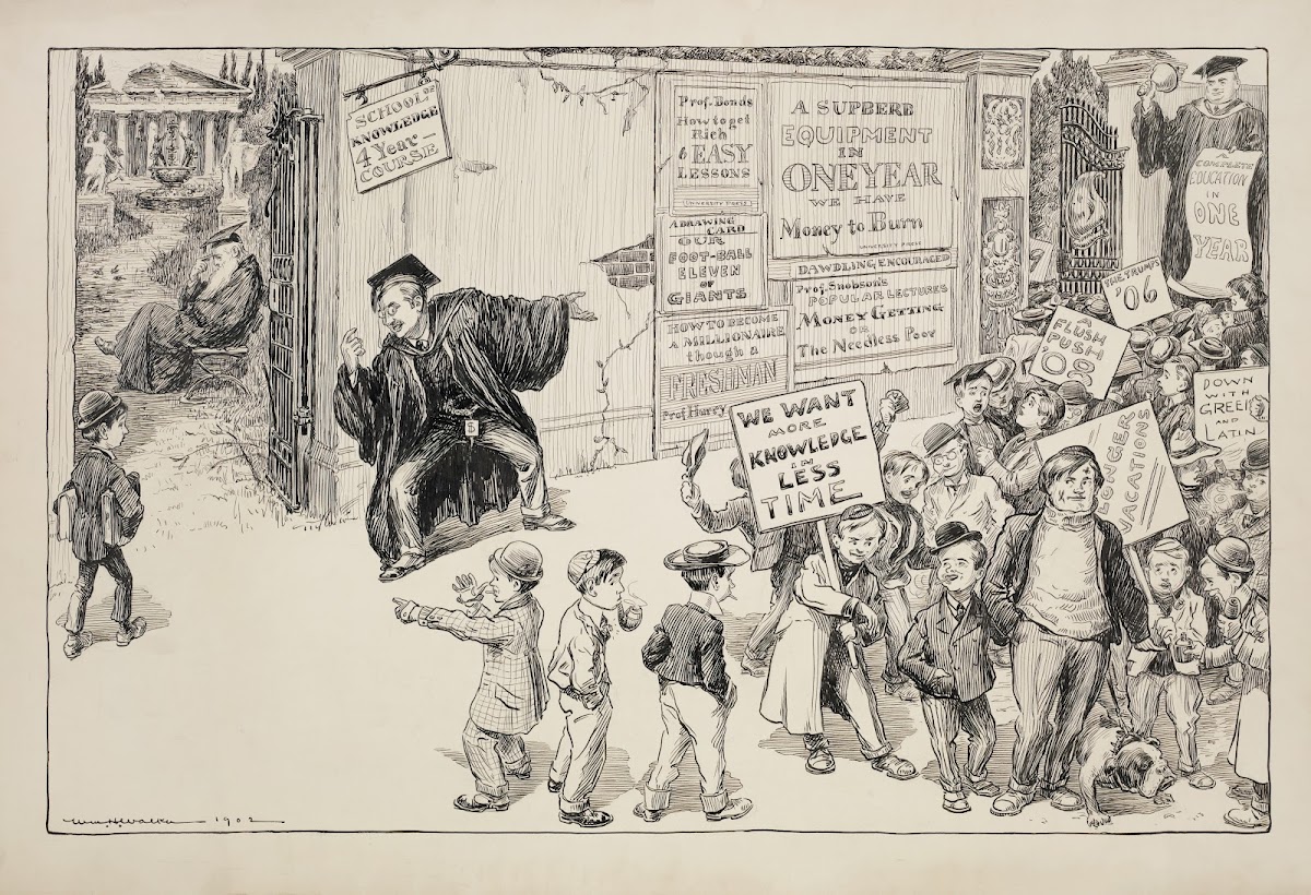 A man advertises a college education in one year where students learn how to get