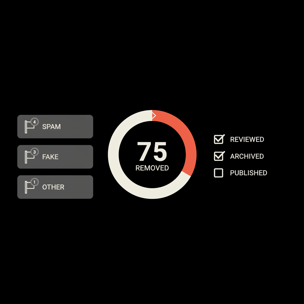 Minimal vector dashboard with flagged reviews, removal progress chart and short checklist on black Social Success Hub background showing Google reviews removed status.