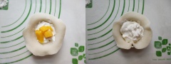 Múc chút kem tươi cho vào giữa miếng bột rồi thêm xoài, tiếp đó là một lớp kem nữa. Cuối cùng bọc kín lớp vỏ bánh và vo tròn lại là xong nha. Bày bánh ra dĩa và mời mọi người cùng thưởng thức.