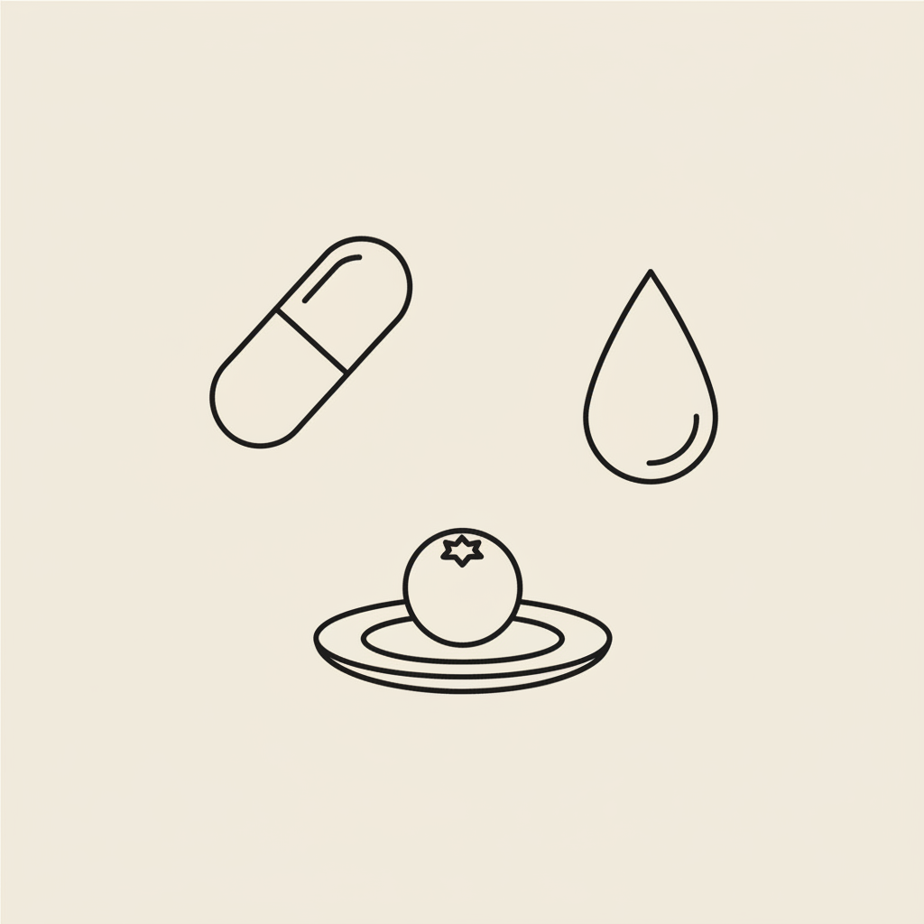 Minimalist Tonum-style line illustration of a capsule, small plate with a single berry, and a stylized water drop on a beige background — semaglutide injection vs oral