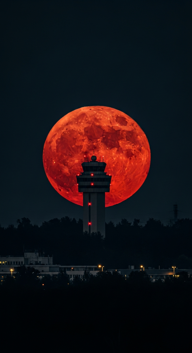 Dramatic Night View of a Control Tower Silhouetted Against a Giant Red Full Moon - Free 4K mobile Wallpaper
