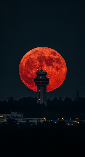 Dramatic Night View of a Control Tower Silhouetted Against a Giant Red Full Moon - Free mobile Wallpaper