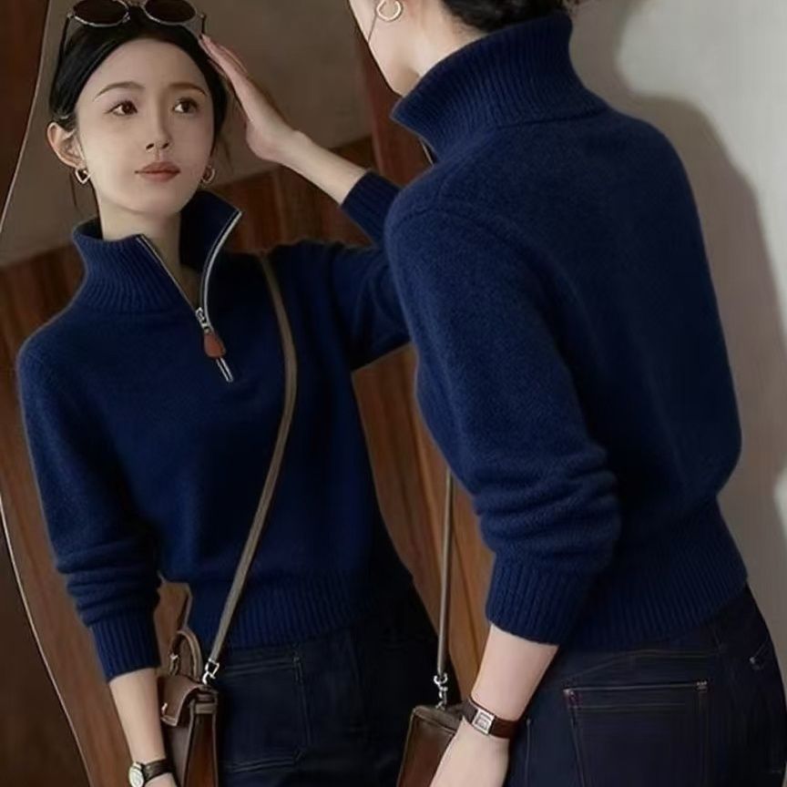 Eleganter Damen-Strickpullover mit halbem Reißverschluss