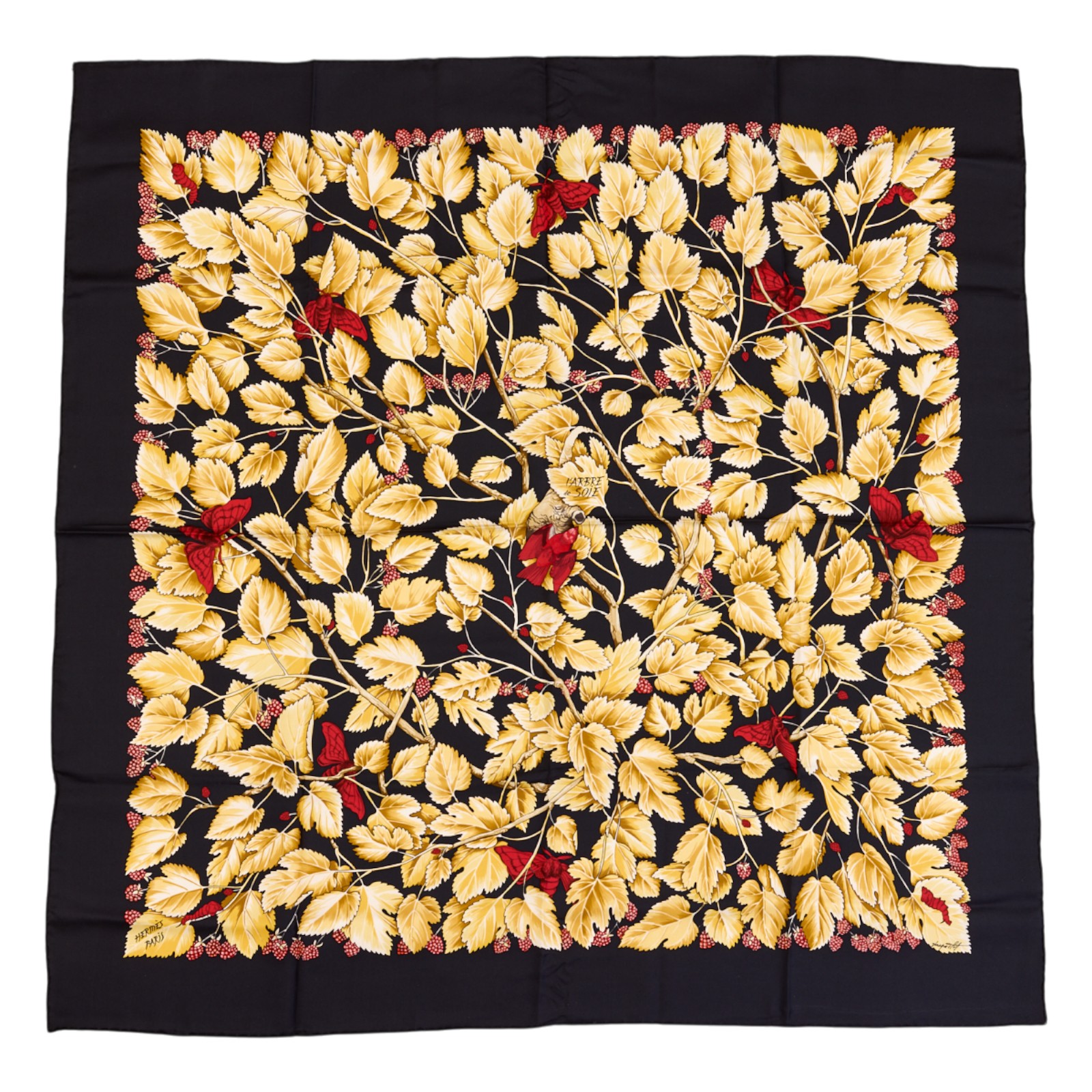 Hermes Silk Scarf Carre 90  "L'Arbre de Soie" Black Silk Scarf