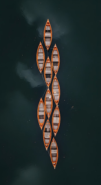 Overhead View of Nine Orange Wooden Rowboats on Dark Water - Free mobile Wallpaper