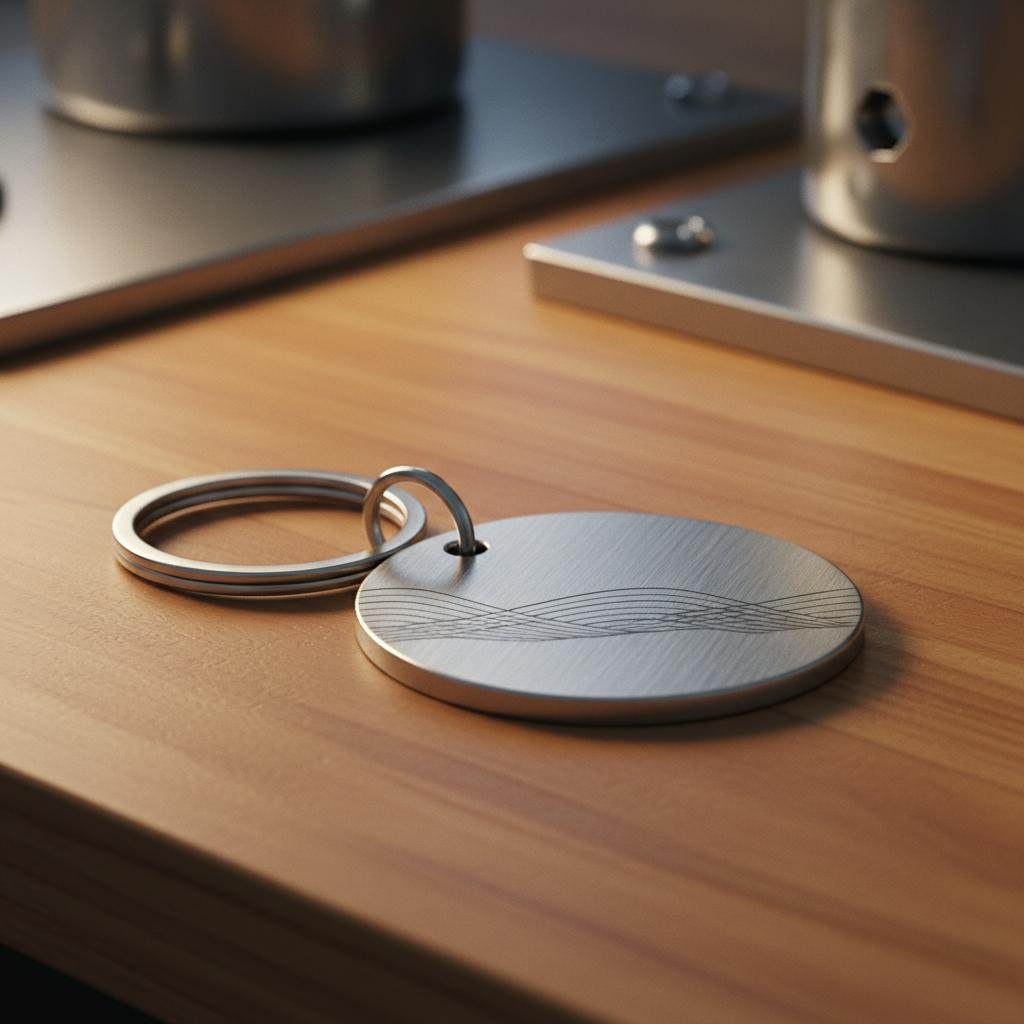 Detailaufnahme eines gravierten Metallanhängers an einem Schlüsselbund auf Holztisch als Liebesbeweis für einen Mann, warme Beleuchtung und dezente industrielle Akzente