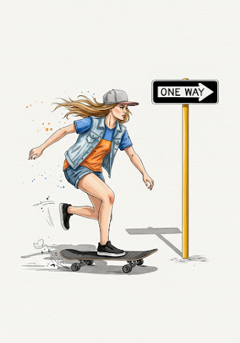 Skateboard Girl on One Way Path