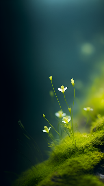 Delicate White Blooms Growing on Vibrant Green Moss - Free mobile Wallpaper