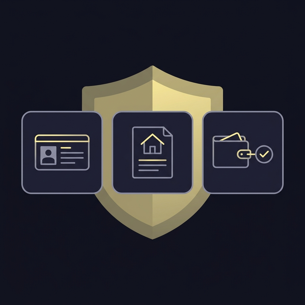 Minimalist 2D vector checklist showing ID proof of address and linked e wallet icons with a subtle security shield in Funded Plays colors for betus withdrawal