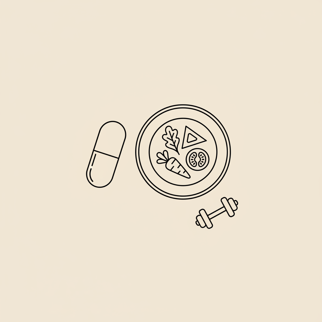 Minimalist Tonum-style line illustration of a capsule, plate of vegetables and a small dumbbell on beige background representing natural Ozempic alternatives.