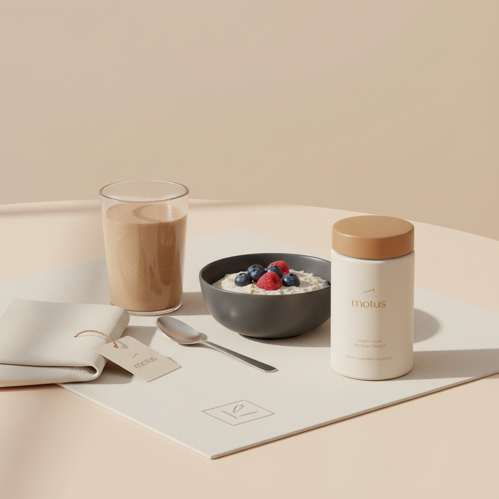 Minimalist breakfast scene with a glass protein shake, bowl of oats and berries, and a Motus supplement bottle on a pale beige tabletop — protein powder for weight loss.