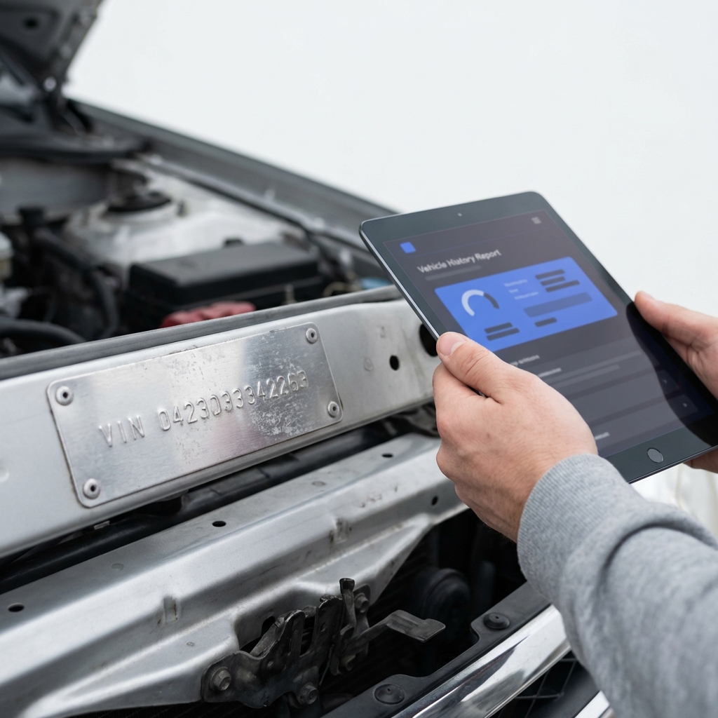 Close up of VIN plate under open hood and buyer checking tablet for vehicle history report bmw for sale near me clean white background and blue brand accents