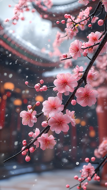 Pink Cherry Blossoms in Snowy Traditional Courtyard - Free mobile Wallpaper