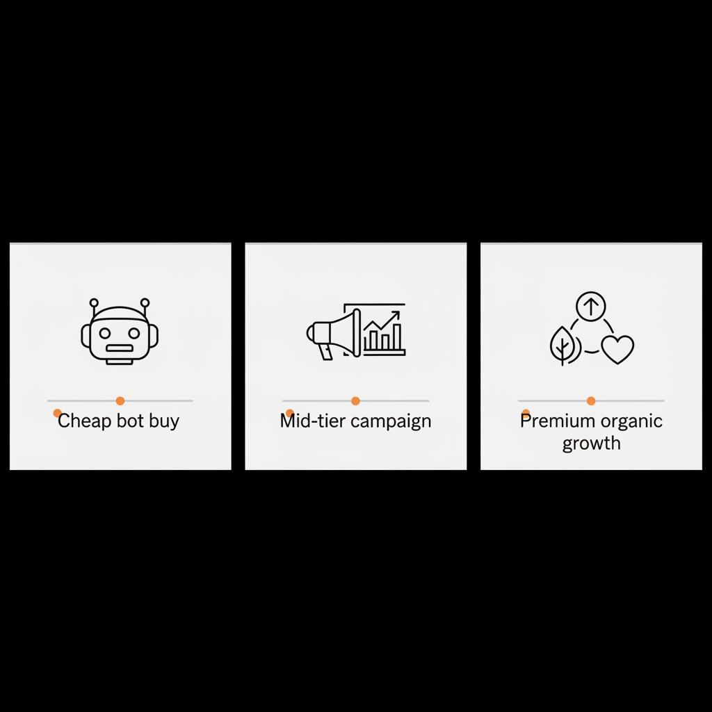 Minimal full-frame infographic timeline comparing cheap bot buy, mid-tier campaign, and premium organic growth — buy 500k Instagram followers