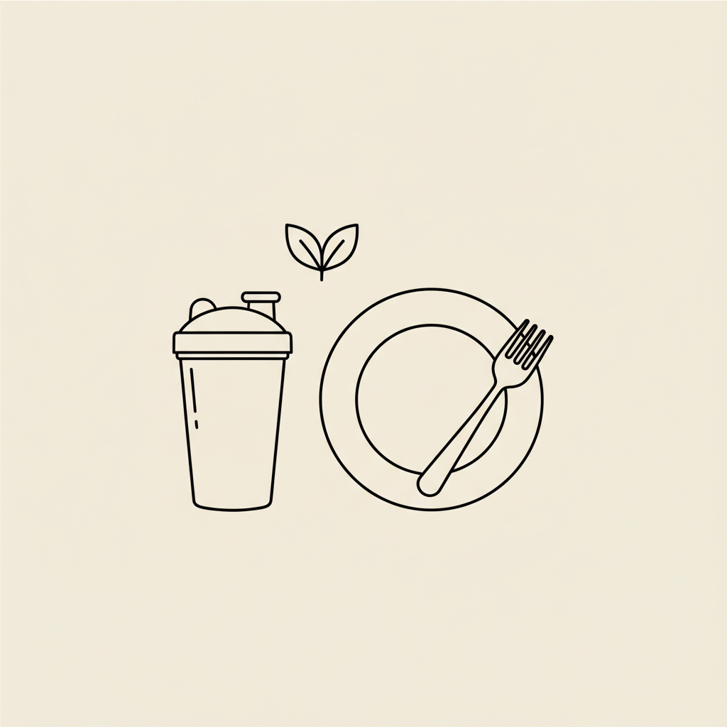 Minimal Tonum-style line illustration of a shaker bottle, protein leaf icon and plate with fork on beige background for meal replacement shakes