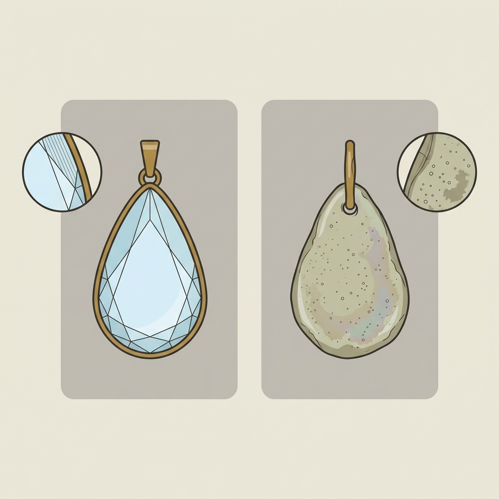 Minimalist side by side comparison of a modern reproduction and a likely roman glass pendant showing polished modern facets and irregular weathered ancient glass with micro bubbles and patina