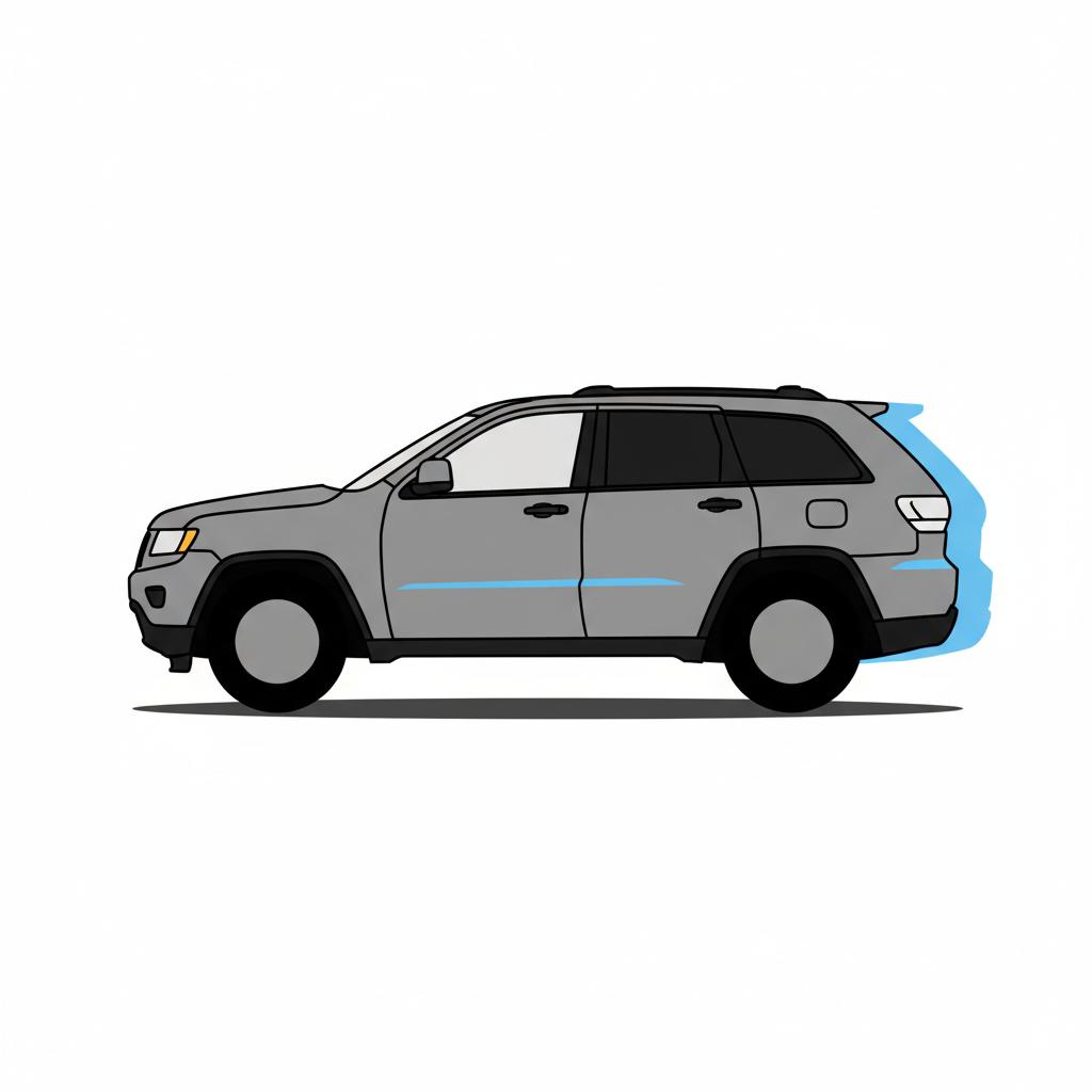 Minimalist 2D vector side view of a jeep grand cherokee for sale showing one corner visibly lower to illustrate air suspension sag on white background with blue 3666ed accents