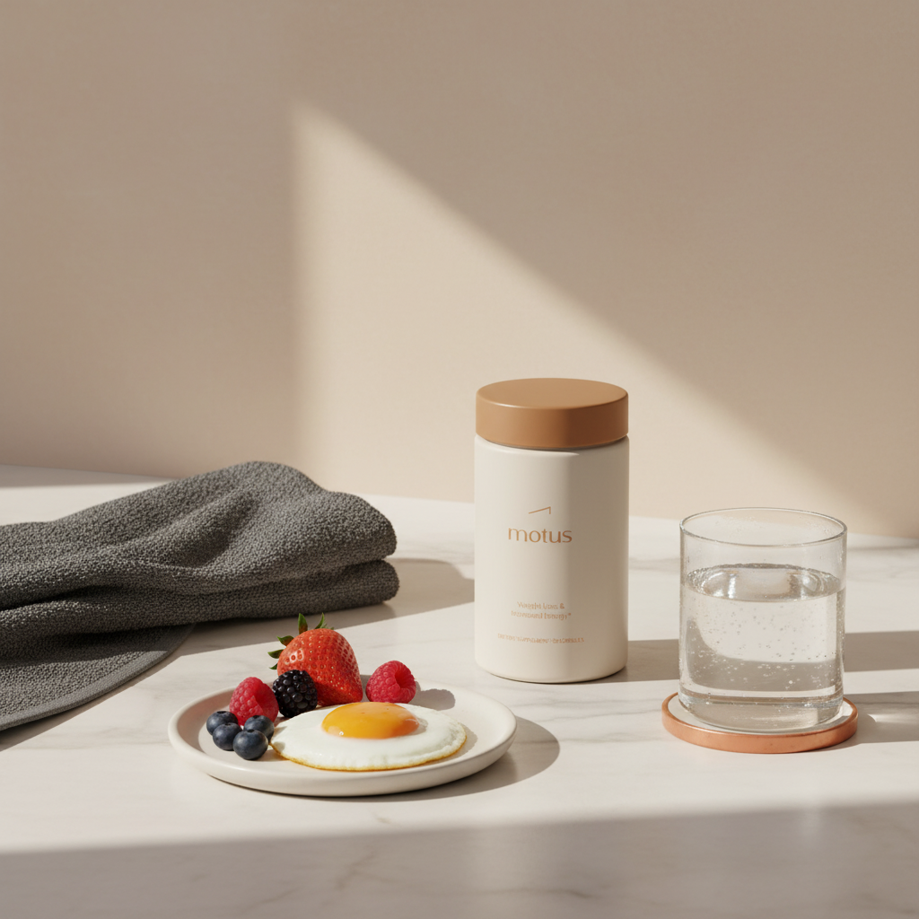 Motus jar on marble counter with towel, plate of egg and berries, and glass of water — best metabolism supplement