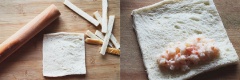 Lát bánh mì cắt bỏ rìa ngoài, dùng thanh cán cán dẹt lát bánh. Múc tôm đã trộn sốt lên trên lát bánh rồi cuộn tròn lại.