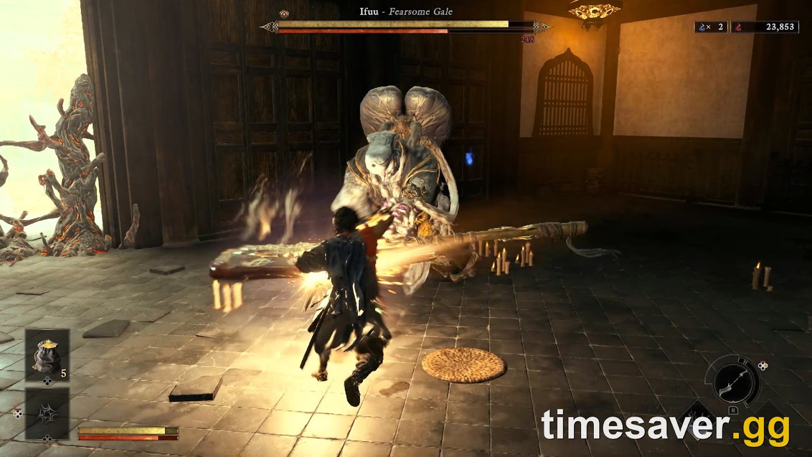 Musashi fighting a Genma boss with a visible boss health bar in Onimusha: Way of the Sword, where Break Issen targets body parts