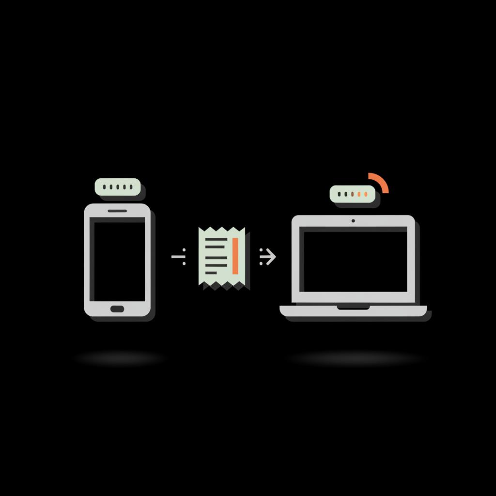 Minimal flat vector infographic of a phone and laptop with verification-code icons and a small receipt illustration for google account recovery, black background and orange accents.
