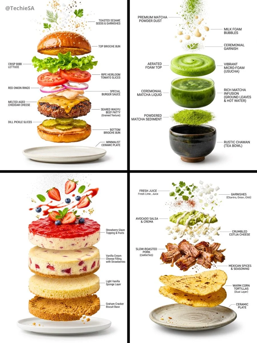 Crea una composición infográfica vertical hiperrealista con efecto de explosión de [COMIDA].