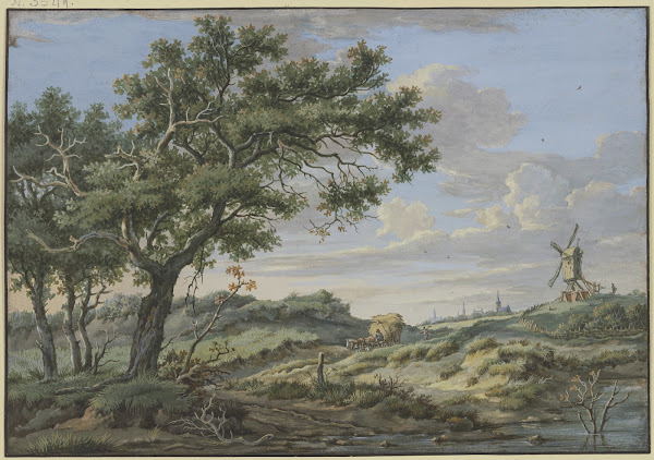 Rechts eine Windmühle auf dem Weg ein Wagen mit Stroh