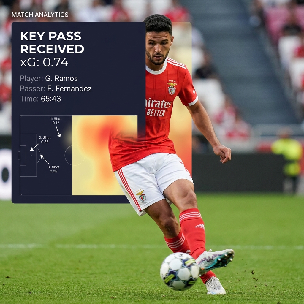 Close up of a forward receiving a key pass with xG annotations and expected goals overlay on dark Funded Plays style background benfica prediction