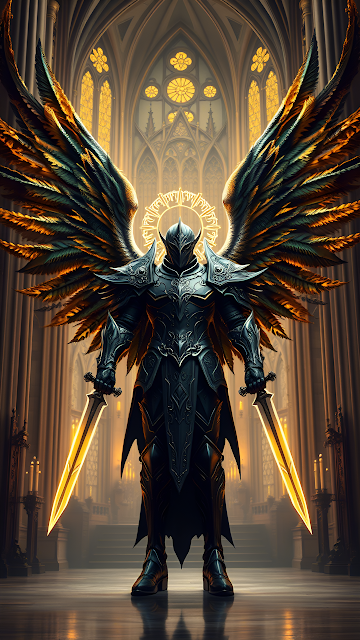 Armored Angel Warrior in Gothic Cathedral with Fiery Wings - Free mobile Wallpaper