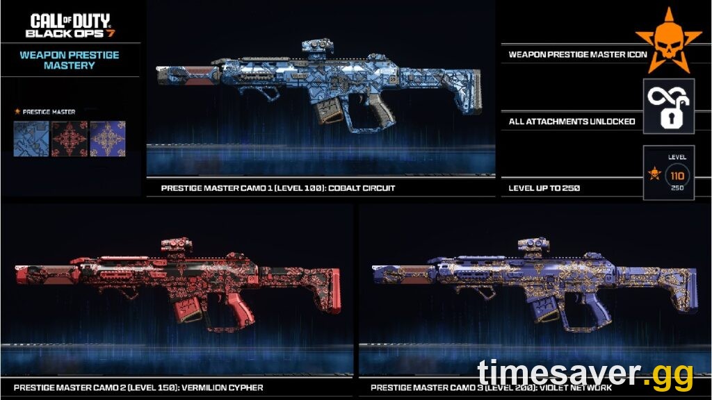 Black Ops 7 Weapon Prestige Mastery progression showing prestige camos and level indicators