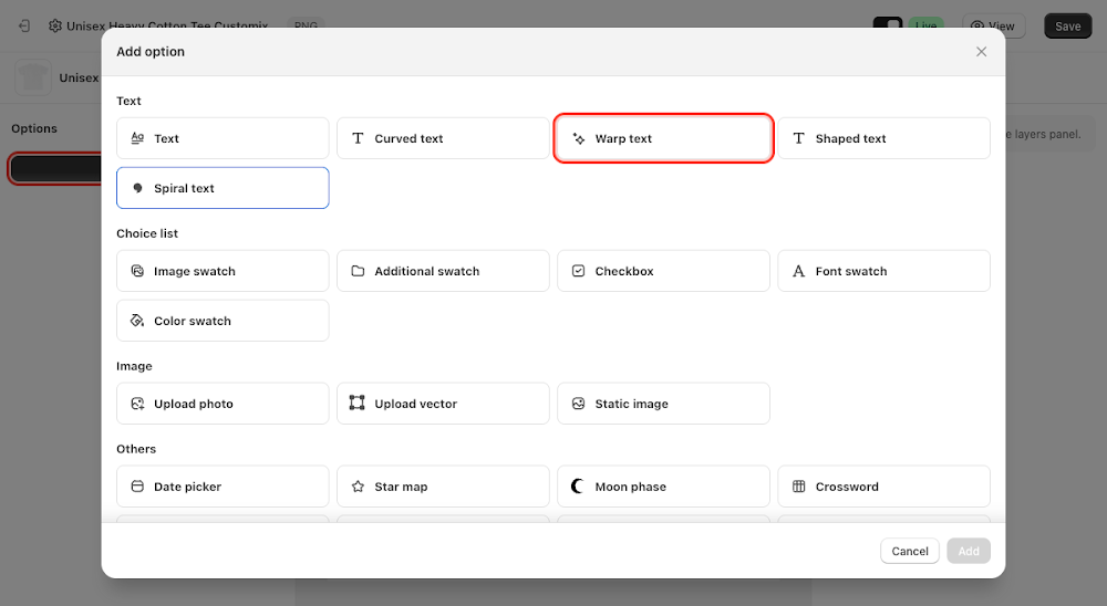 Add option menu with Warp text selected under Text