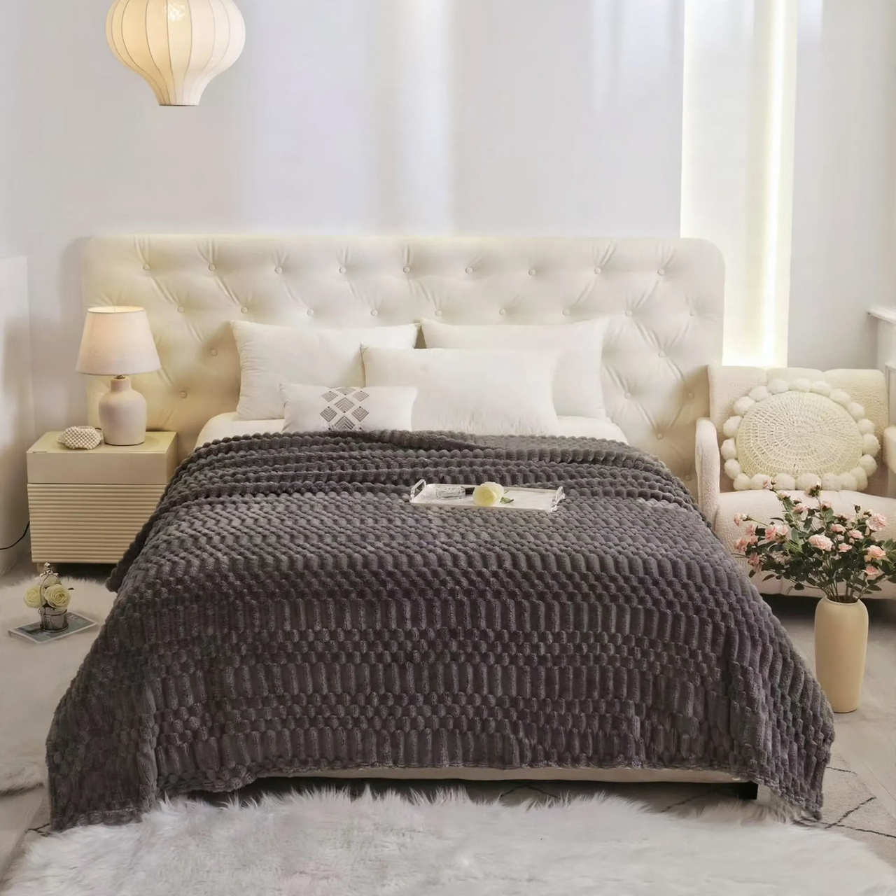Versatile throw blanket with jacquard pattern