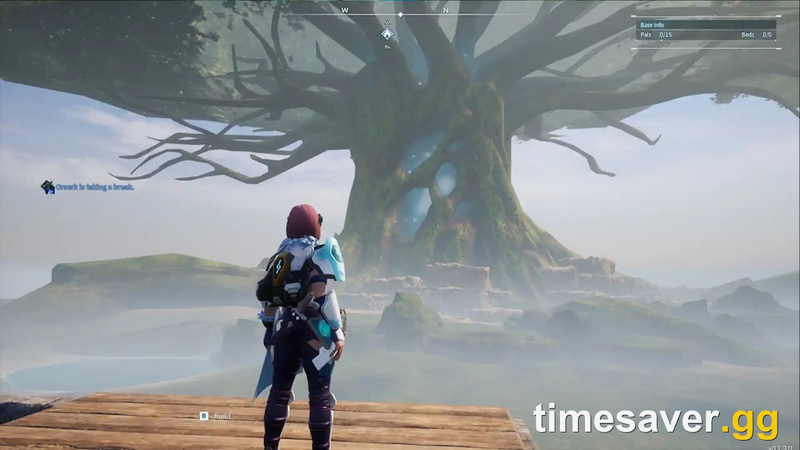 A player standing on a platform looking up at the massive World Tree in Palworld's Lv.75+ endgame region