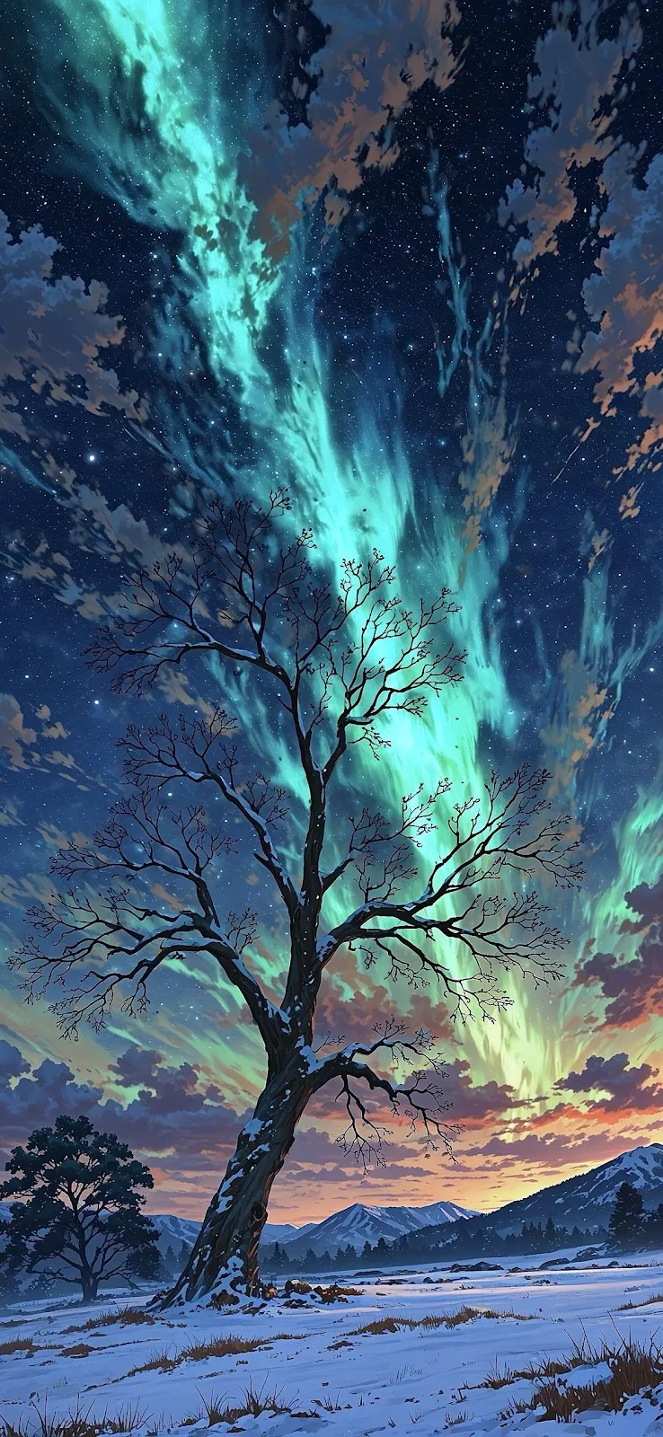 Lone Tree Under Aurora Sky - Digital Illustration Full HD iPhone Wallpaper (1174x2544)
