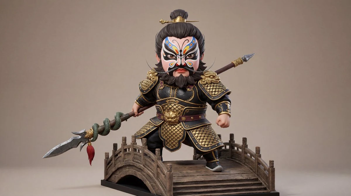 Figura de acción de Zhang Fei, versión Q, estilo Wu Jing, con maquillaje de mariposa.