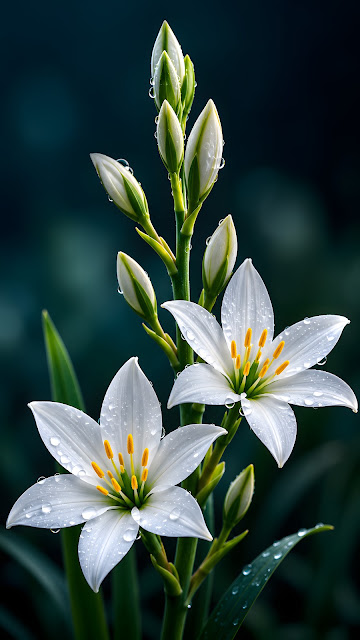 Macro White Starflowers on Dark Teal Background - Free mobile Wallpaper